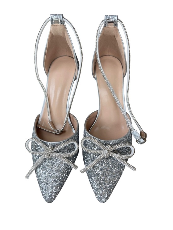 SHEIN Shoes - SHEIN Silver Glitter Pointed-Toe Ankle-Strap Heels with Bow